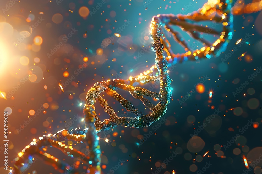 Aufkleber 3d rendering of dna molecule with glowing particles on dark background