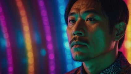 Asian man in ethnic attire with contemplative expression