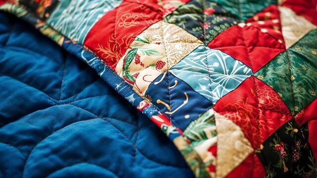 Vibrant christmas patchwork quilt neatly folded on a soft blue blanket, exuding warmth and coziness in a home setting with intricate patterns and festive colors