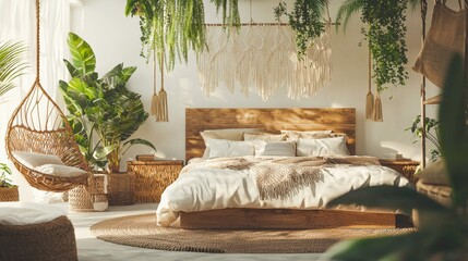 A modern bedroom with a cozy, bohemian vibe, featuring macramé plant hangers from the ceiling. Earthy tones and textured fabrics fill the space, while hanging plants enhance the organic