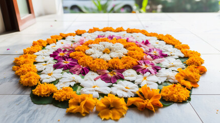 Rangoli made entirely of fresh flower petals in front of a home, intricate design, fragrant and colorful, Diwali decoration, rangoli, floral art, tradition
