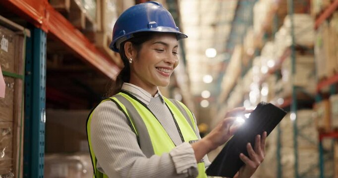 Happy woman, logistics and checklist with tablet for inventory, supply chain or distribution at storage. Female person, contractor or engineer smile on mobile smartphone for supply chain at warehouse