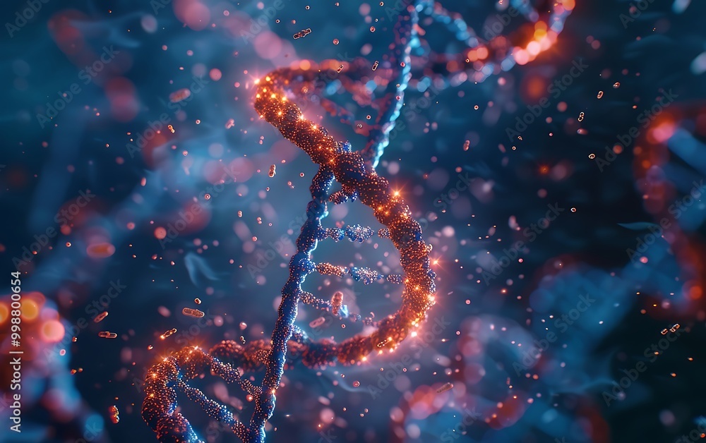 Poster 3d rendering of dna molecule with glowing particles on dark background