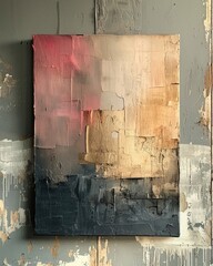 An abstract painting featuring a blend of pink, beige, and blue tones, showcasing textured brush strokes.