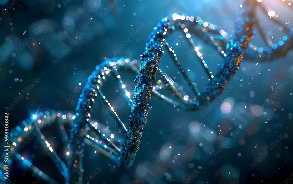 Aufkleber 3d rendering of dna molecule with glowing particles on dark background