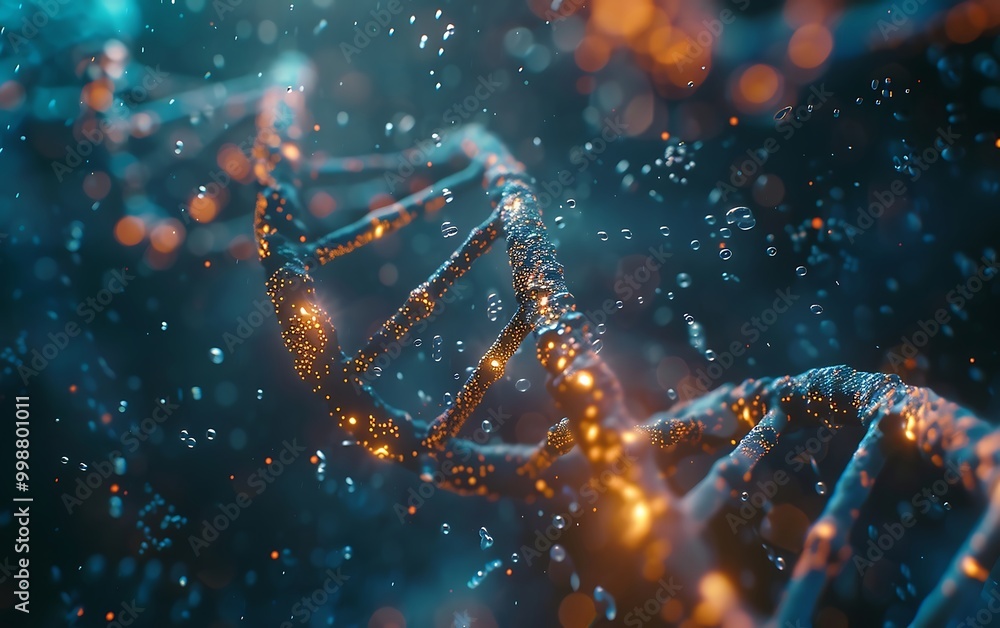 Poster 3d rendering of dna molecule with glowing particles on dark background