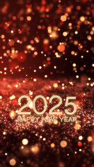 Happy New Year 2025, Red Gold particles fly. Glittering light ray beam background.  Render by Adobe After Effect.