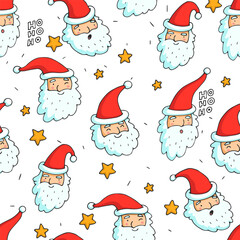 Vector seamless pattern with Santa Claus faces isolated on a white background. Endless texture with a Christmas character.