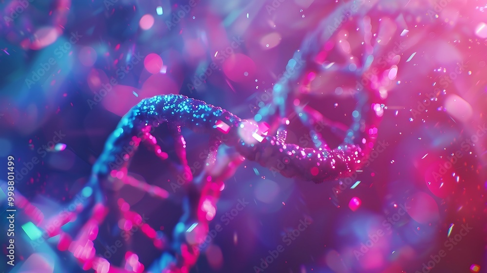 Aufkleber 3d rendering of dna molecule with glowing particles on dark background