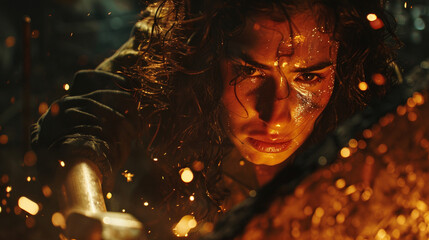 A medium close-up of a female blacksmith hammering molten metal on an anvil, her face determined and strong, with glowing red iron and flying sparks around her.