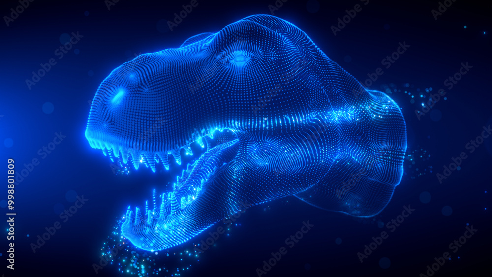 Poster a high-tech 3d scan of a t-rex head, visualized with glowing blue lines and particles. perfect for s