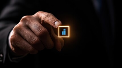 A businessman holding a digital bar graph icon, contrasting light on a dark background.