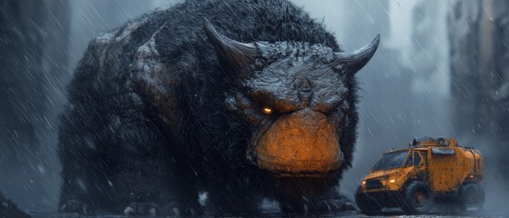  A large animal stands next to a yellow truck on a rain-soaked street A monster-like creature looms before them