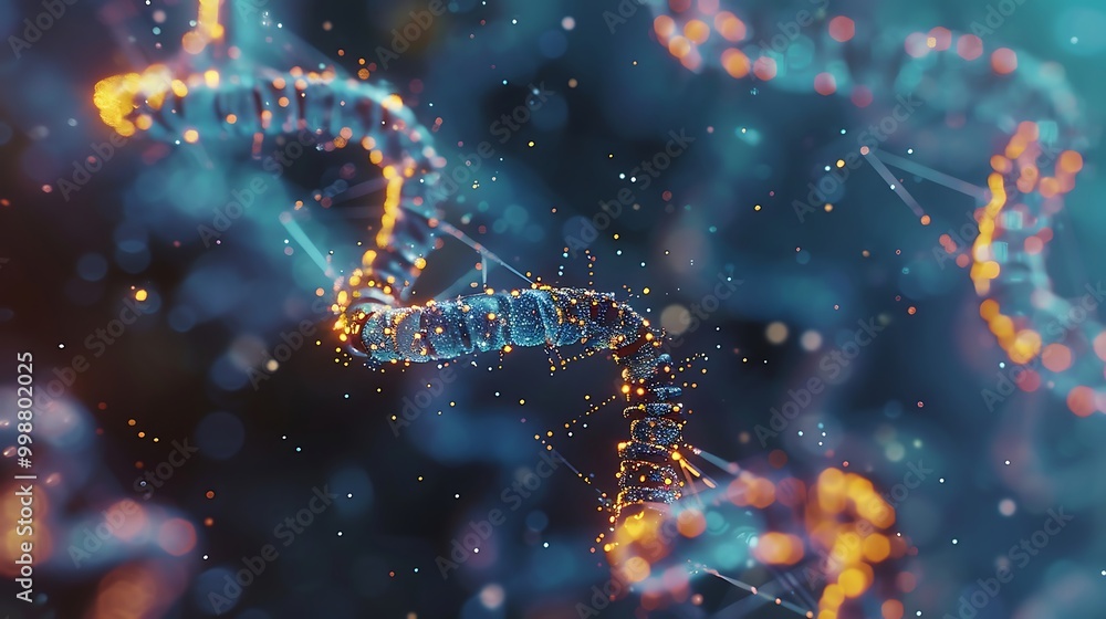 Poster 3d rendering of dna molecule with glowing particles on dark background