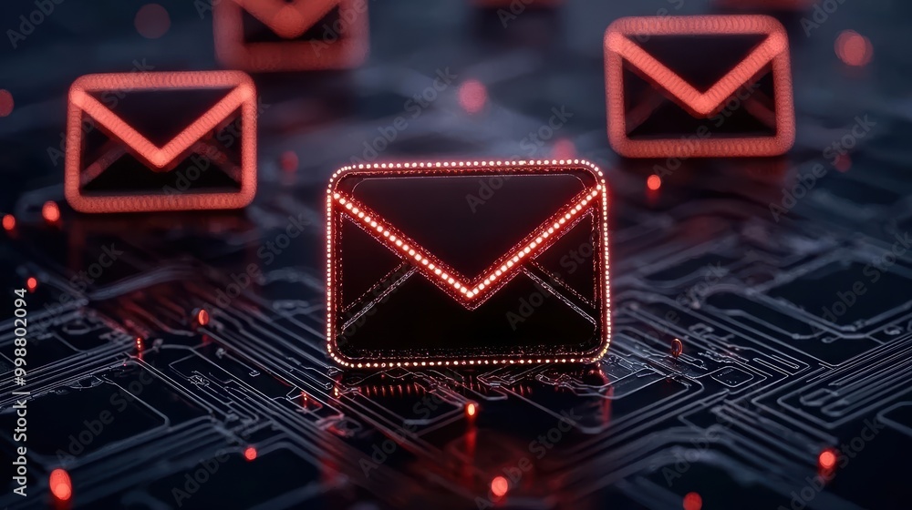 Poster digital mail icons with glowing red outlines on a circuit board background.