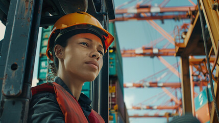 A woman in a shipyard, operating a large crane that lifts containers, her face showing concentration as she manages the heavy machinery with precision.