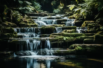 Tuinposter Watervallen Crystal clear water flows gently over mossy rocks in a peaceful forest landscape  © kaleidoscope