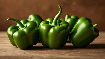  Freshly harvested green peppers on a rustic table