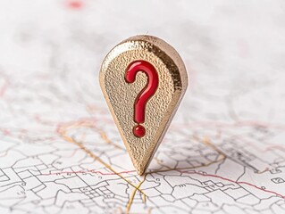 Gold question mark pin on a detailed map, symbolizing inquiries in navigation.