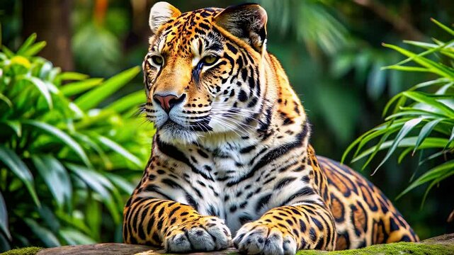 Majestic jaguar resting peacefully among lush green foliage in natural habitat