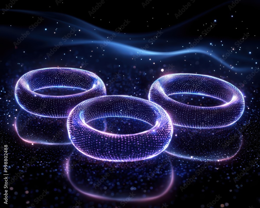Poster three glowing abstract rings in space with vibrant colors and light patterns.