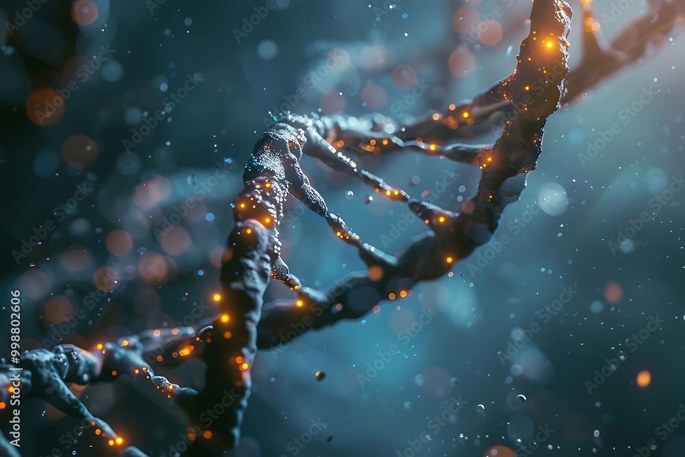 Aufkleber 3d rendering of dna molecule with glowing particles on dark background