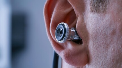 Fototapeta premium Close-up of a doctor using an otoscope to inspect a patient's ear, ear exam, hearing health,