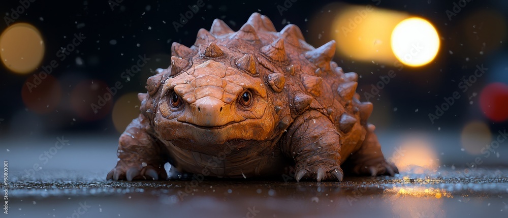 Wall mural  A close-up of a toy dinosaur on a surface with softly blurred lights in the background, and a shallow depth of field creating a blurry foreground of lights