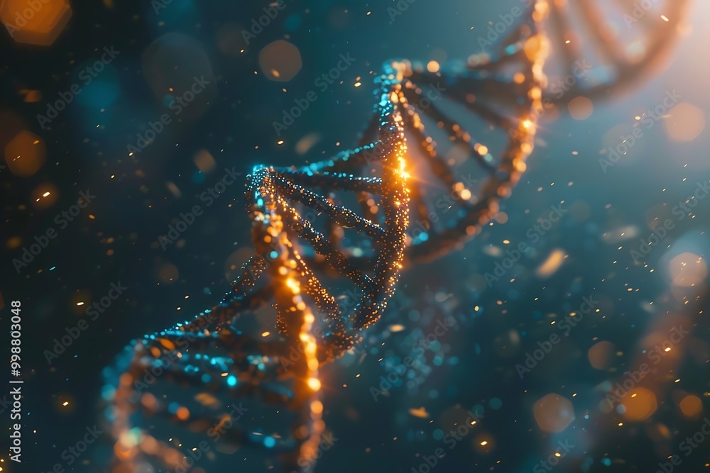 Aufkleber 3d rendering of dna molecule with glowing particles on dark background