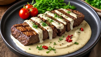  Deliciously grilled steak with creamy sauce and fresh garnish