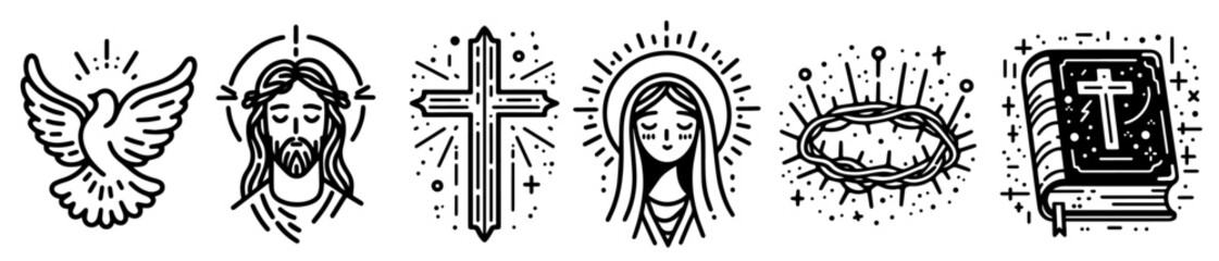  Religious, catholic, christian doodle icons collection set, vector simple line art monoline religious illustration, hand-drawn pattern laser cutting print engraving