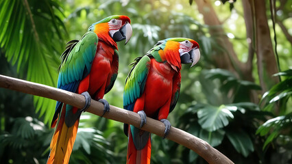 Obraz premium parrots on branch in jungle setting