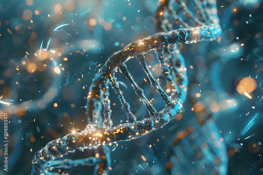 Poster 3d rendering of dna molecule with glowing particles on dark background