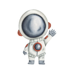 Space watercolor hand-drawn illustration with cute little astronaut in a space suit and helmet. Сartoon element for kids © Nellya Egorova