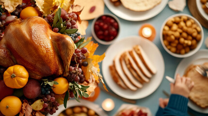 Happy family gathered around a large Thanksgiving table laden with traditional dishes, smiling faces and warm interactions, celebrating togetherness and joy, family gathering, feas