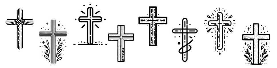 black and white vector set of christian cross drawings in multiple hand-drawn styles