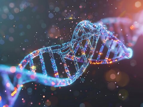 3d rendering of dna molecule with glowing particles on dark background