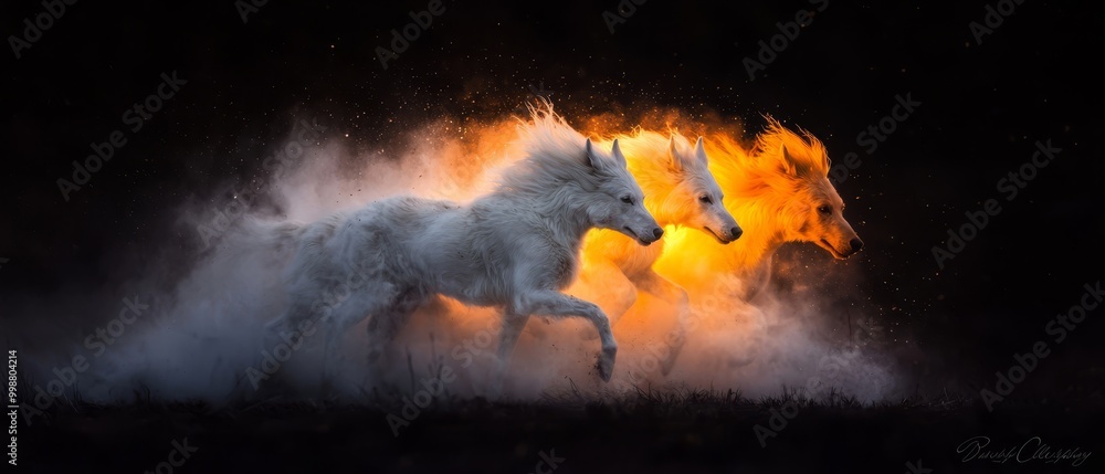 Wall mural  Two white horses gallop through a field, emitting orange and yellow smoke from their heads