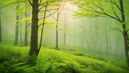Obraz premium bright forest scene, sunlight over greenery