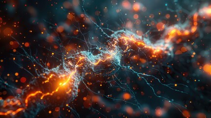 Abstract background with glowing, swirling energy and scattered particles.