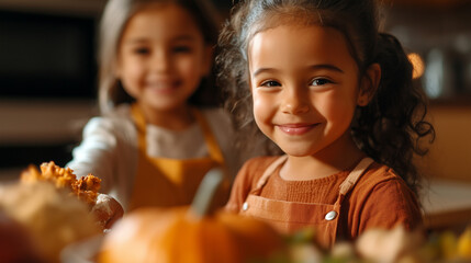 Children helping in the kitchen preparing Thanksgiving dishes, mixing ingredients and laughing, festive mood, family gathering, feast, traditional dishes, joy