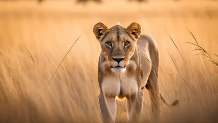 Fototapeta premium Lioness walking through dry savannah grass
