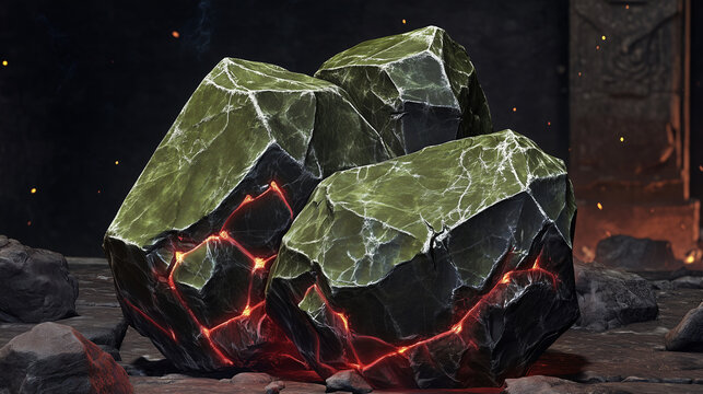 Fictional alien stone with glowing red hot magma plasma cores; fictional geology