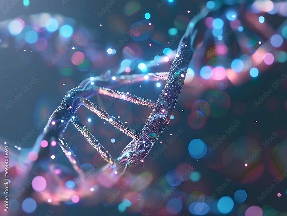 Poster 3d rendering of dna molecule with glowing particles on dark background