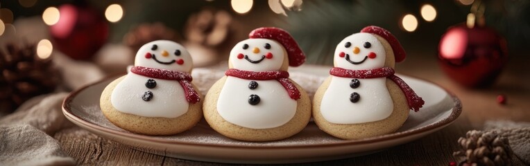 Fototapeta premium A festive plate of cheerful gingerbread snowman cookies decorated for the holiday season