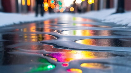 wet sidewalk with colorful reflections, low angle