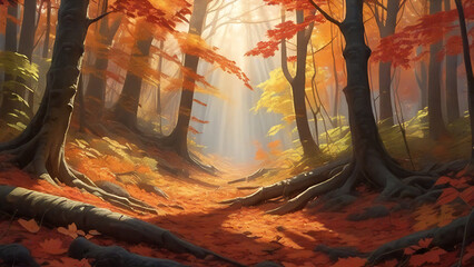 sunlit autumn forest with scenic atmosphere