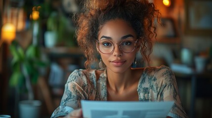 Young woman is working using her laptop in an open plan office. and various trees With warm lights that create a comfortable atmosphere.