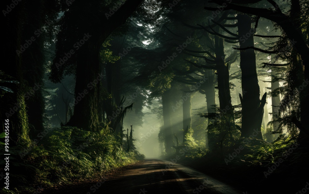 Poster sunlight streams through towering trees in a tranquil forest pathway during golden hour