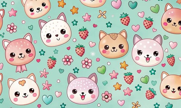 Cute animated characters with flowers and strawberries on a pastel blue background during a cheerful art creation process